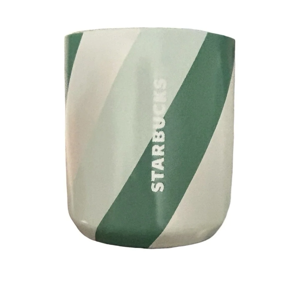 STARBUCKS Holiday 2022 Ceramic Travel Tumbler Green Striped w/ Plastic Lid 8 oz